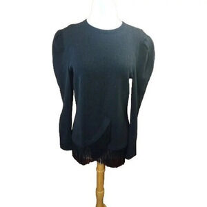 Evenings By Raul Blanco Sweater Sz 8 Vtg Hand Loomed Black Puff Sleeve Fringed